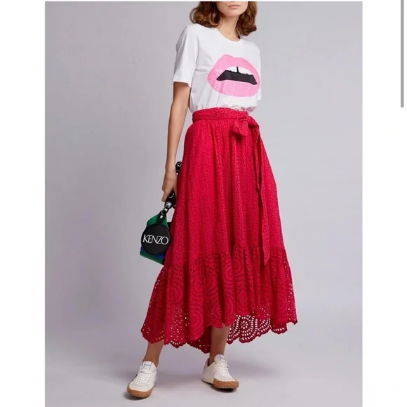 ULLA JOHNSON Lindley Pink Floral Lace Eyelet Midi Skirt Size 2 - Picture 4 of 7